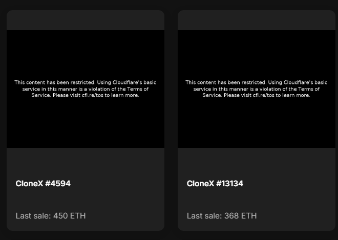 A screenshot of the Cloudflare error message on a Clone X NFT